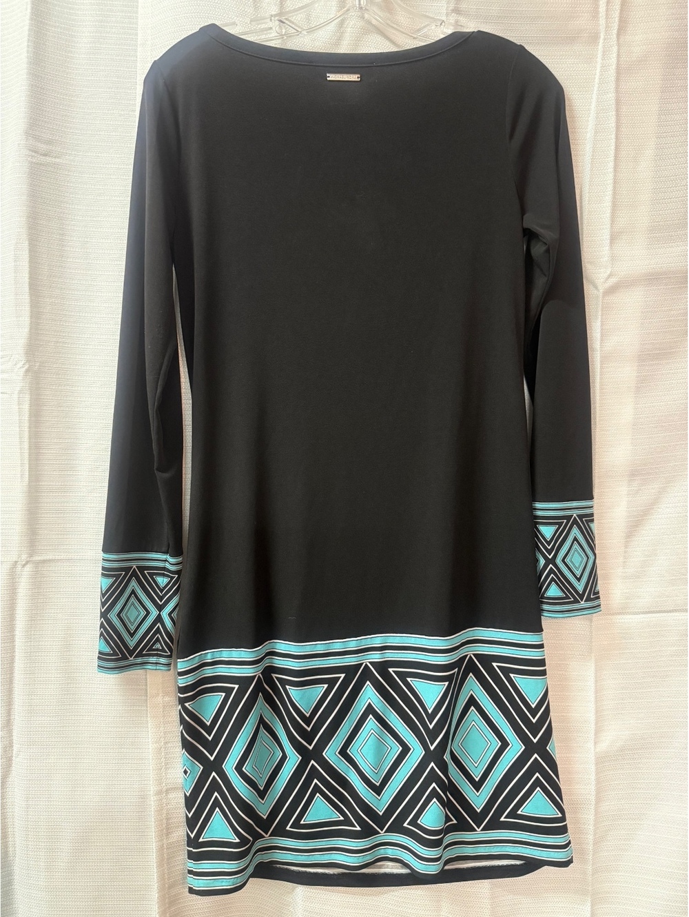 Michael Kors Black Long Sleeve Dress with Geometric Blue and White Pattern, XS